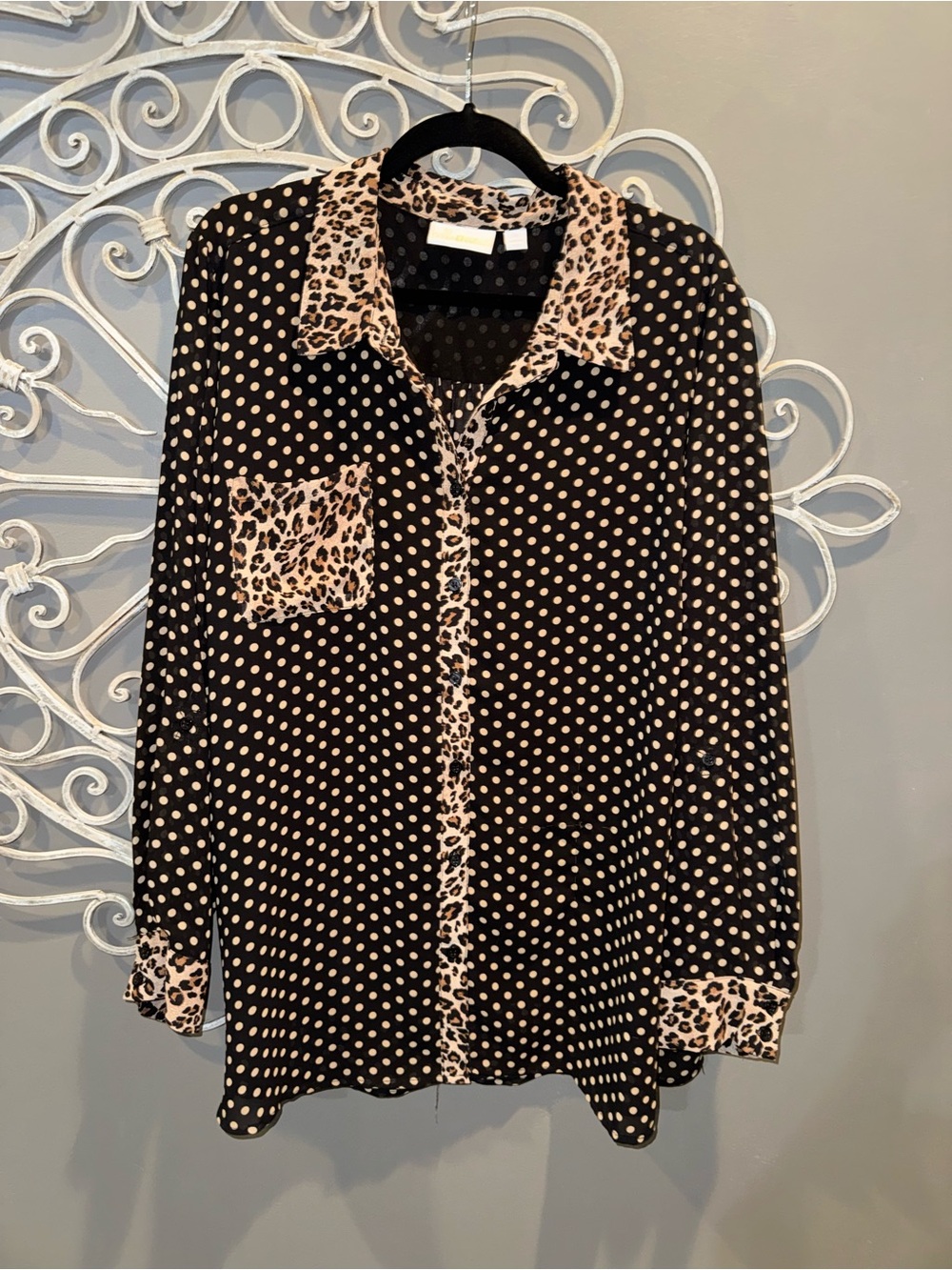 Women’s plus Black Polka Dot animal print  Trim semi sheer blouse 2x